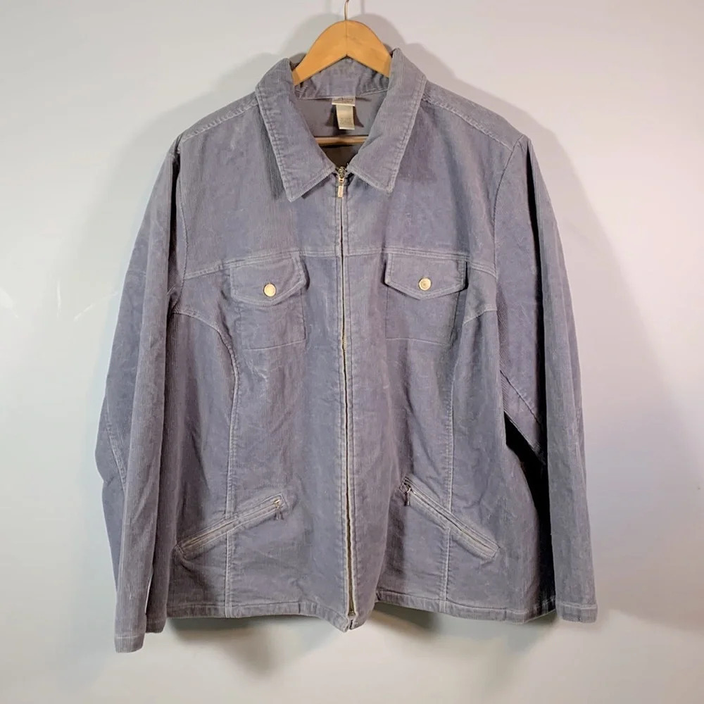 Butterfly stretch size 26 28w  light blue corduroy chore barn coat jean jacket
